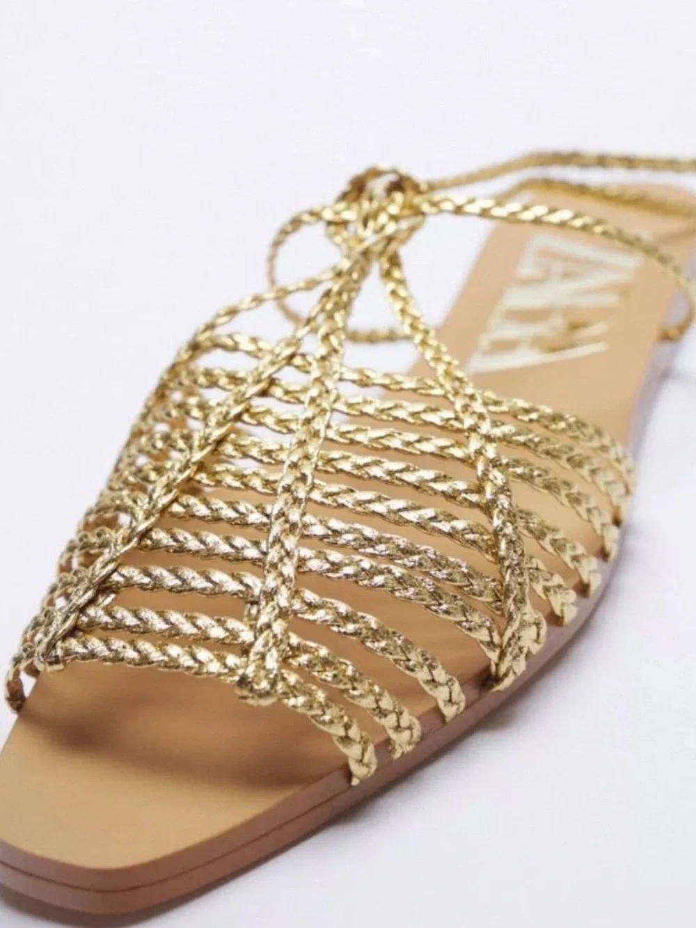 ZARA Gold Braided Strappy Flat Sandal - Women SZ 40 - Picture 1 of 7